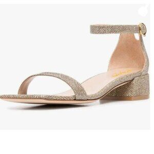 XYD Tan Glitter Open Toe Ankle Strap Buckled Low Block Heel Wedding Sandals